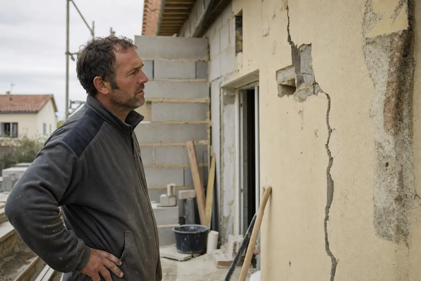 Artisan du bâtiment auto-entrepreneur constatant une fissure sur un mur, chantier en cours