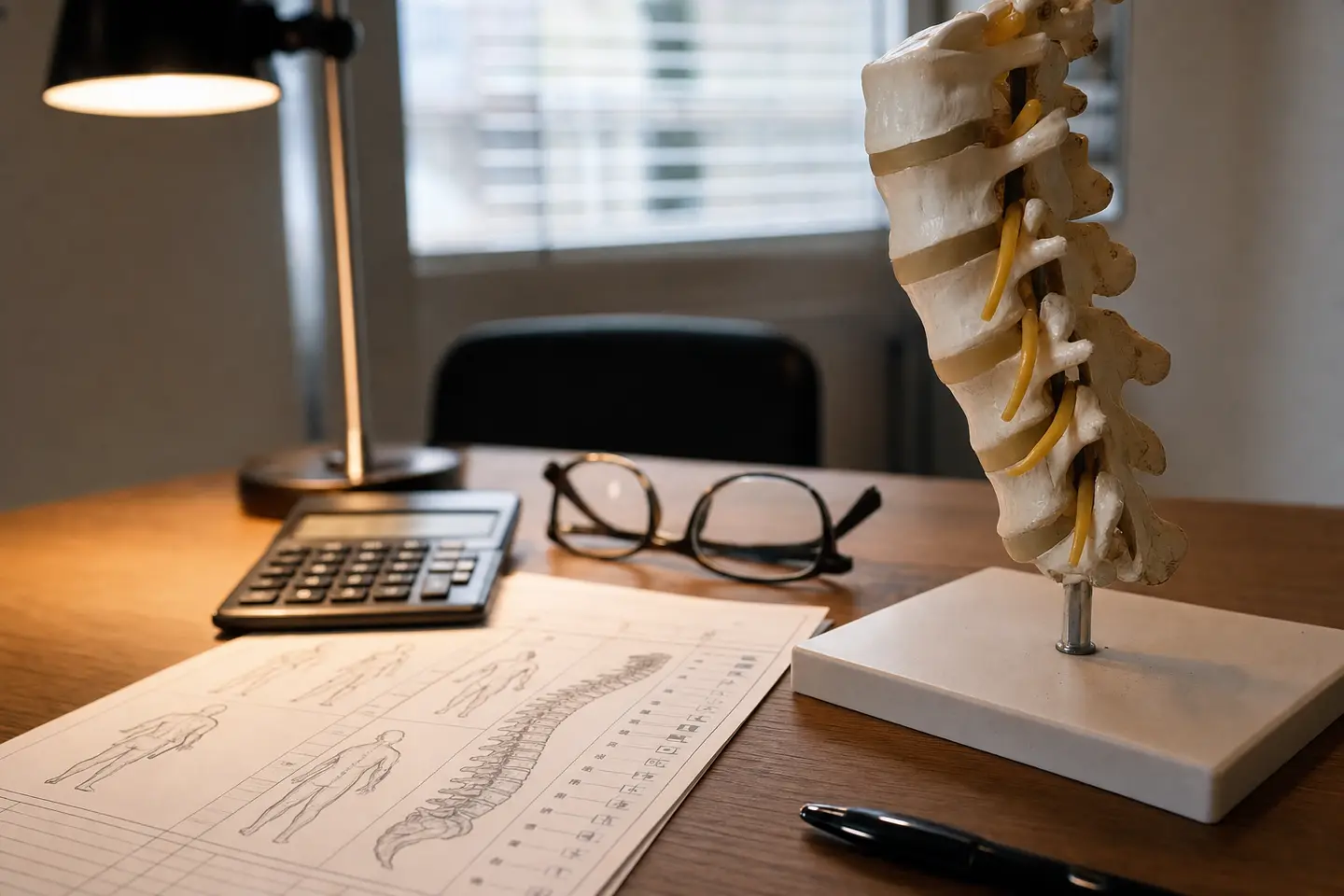 Bureau d'un médecin expert avec modèle anatomique, calculatrice et grille d'évaluation, illustrant le calcul du barème d'indemnisation AIPP
