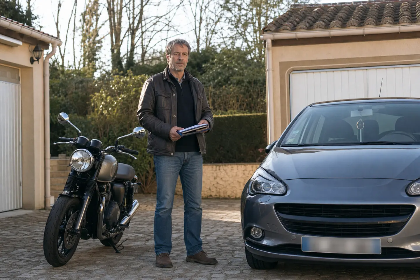 Moto et voiture garées côte à côte dans une allée résidentielle, illustrant la reprise du bonus auto pour la moto