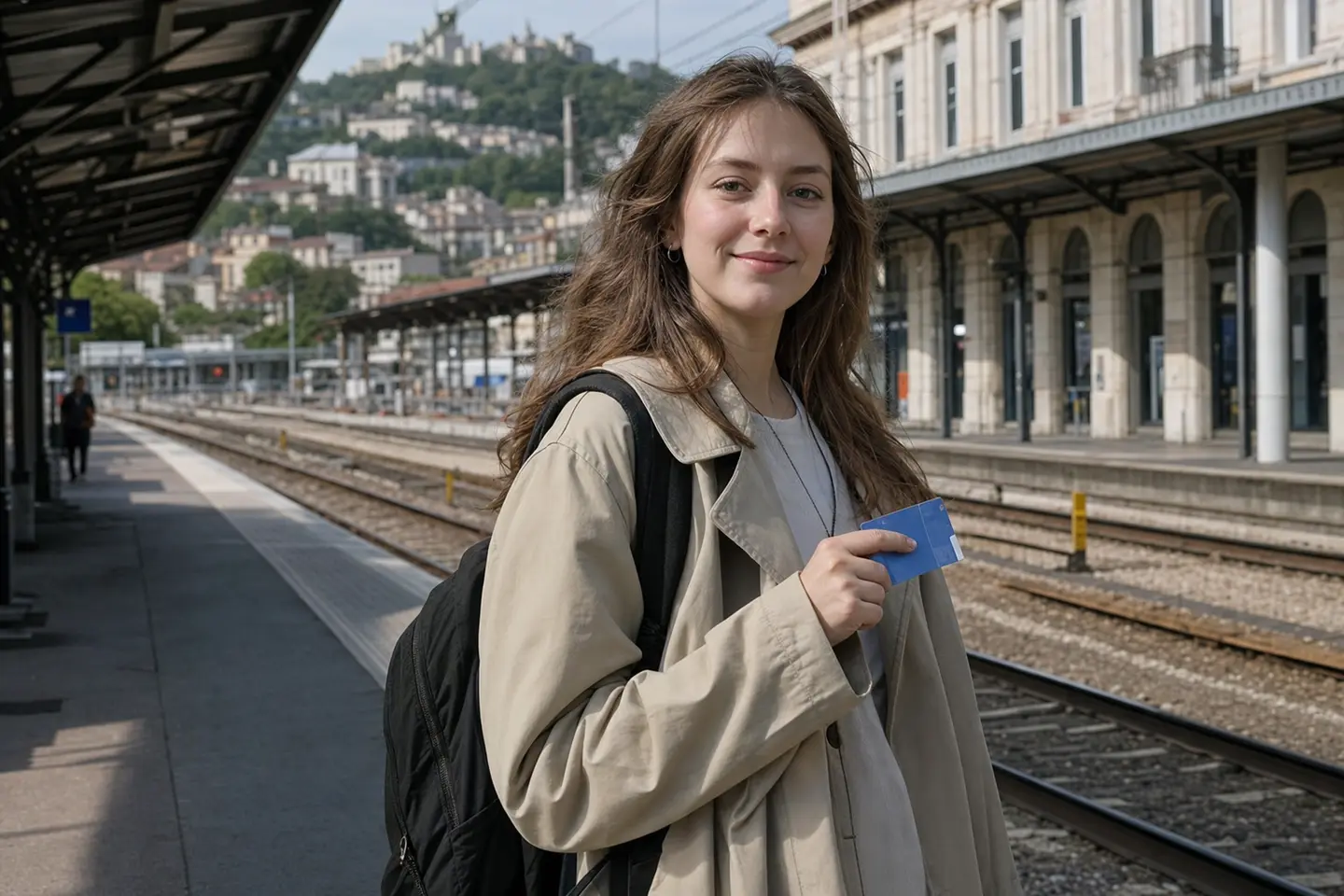Étudiante sur un quai de gare européen tenant sa carte européenne d'assurance maladie et un sac à dos avant de partir