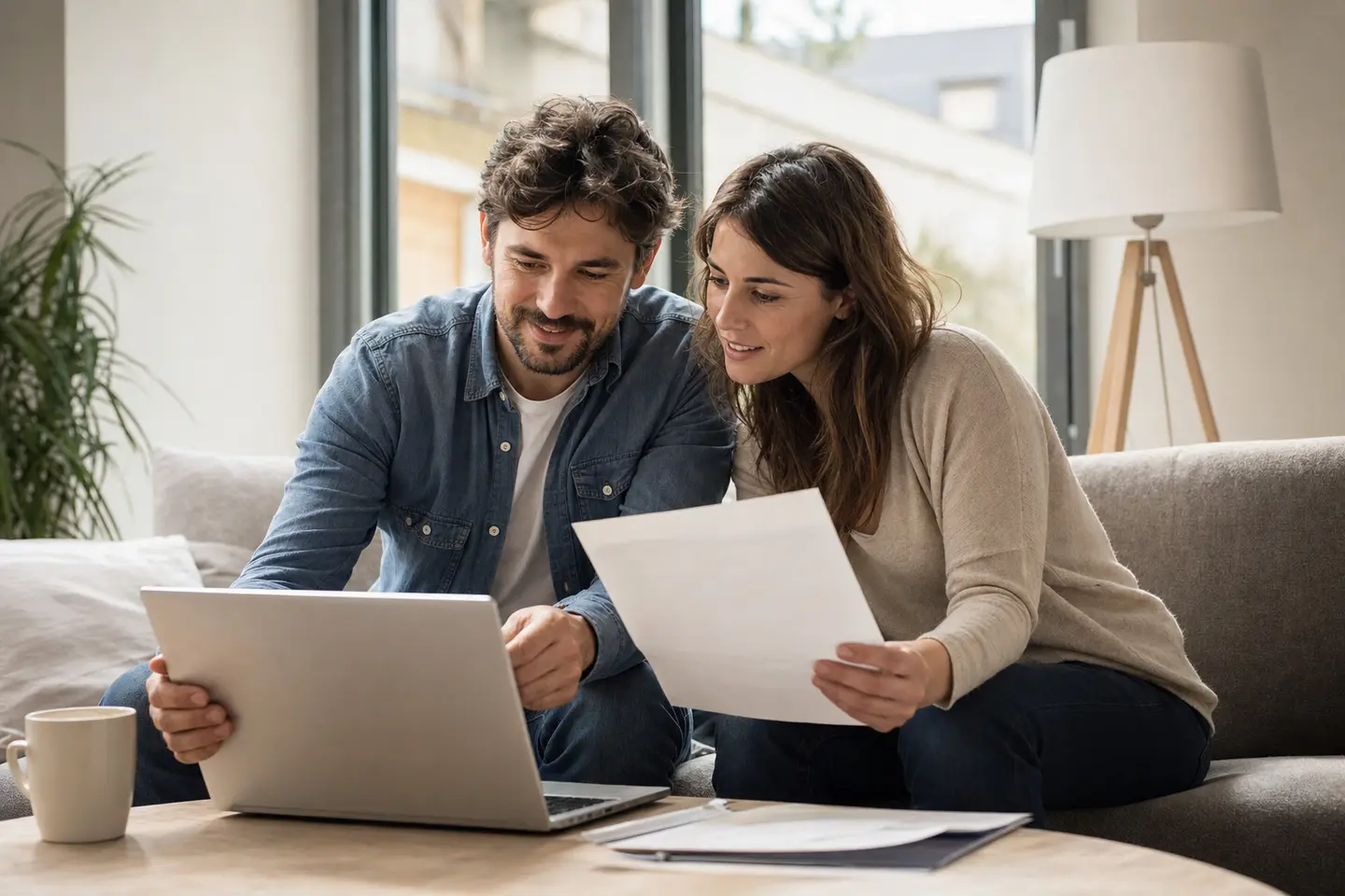 Un couple compare les offres pour changer d'assurance emprunteur, ordinateur portable et documents de prêt posés sur la table basse