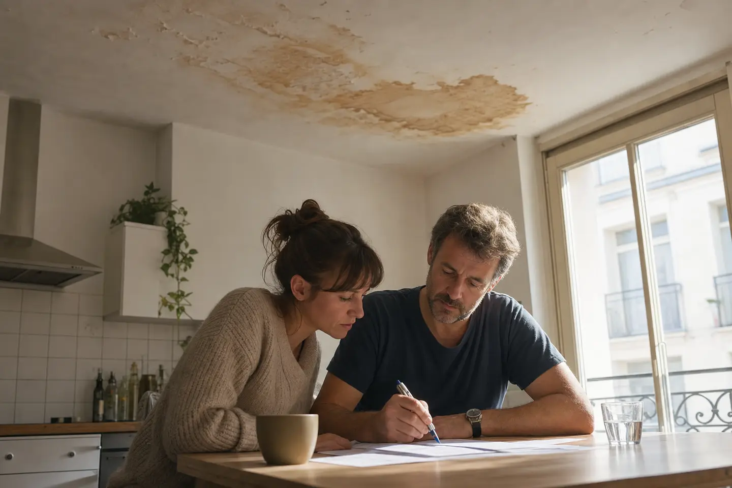 Deux voisins remplissant ensemble un constat amiable de dégât des eaux sur une table de cuisine, auréole d'humidité visible au plafond