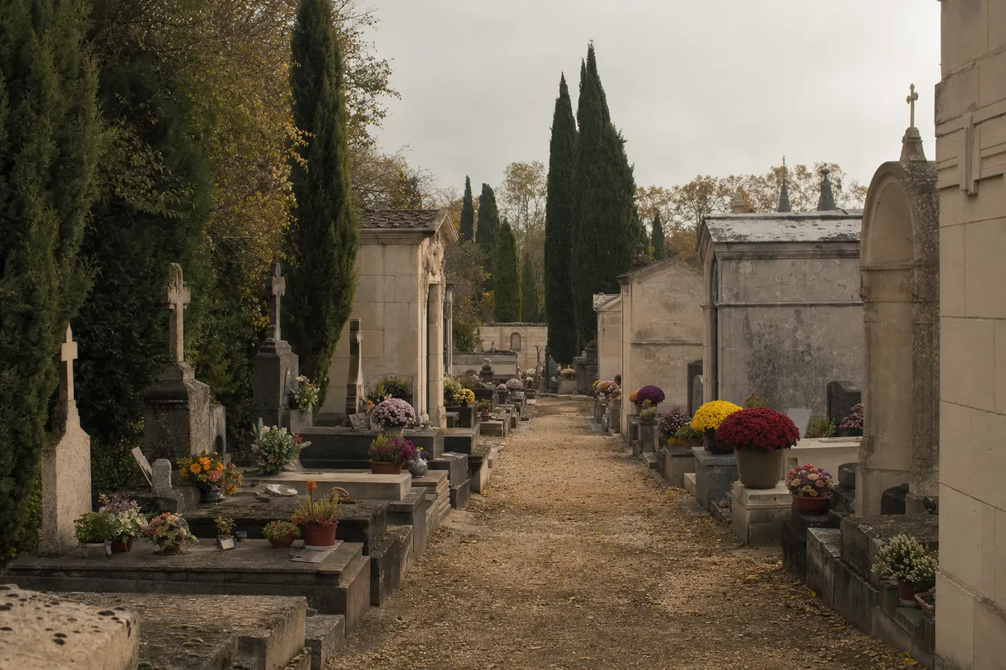 Allée d'un cimetière communal français bordée de tombes en pierre et de chrysanthèmes, par une matinée d'automne