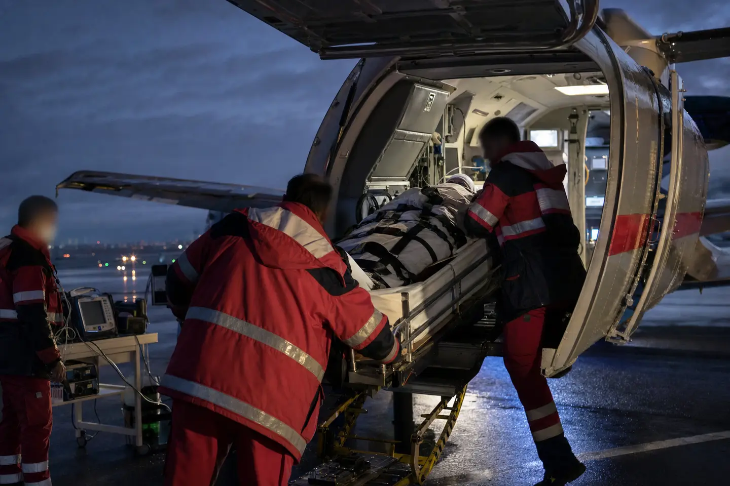 Embarquement d'un patient sur civière dans un avion sanitaire lors d'un rapatriement médical