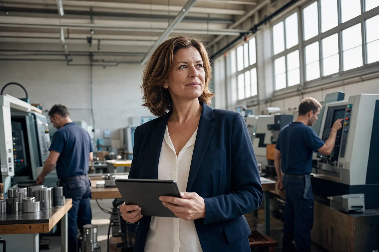 Dirigeante d'une PME industrielle française consultant une tablette dans son atelier, machines connectées et salariés en arrière-plan