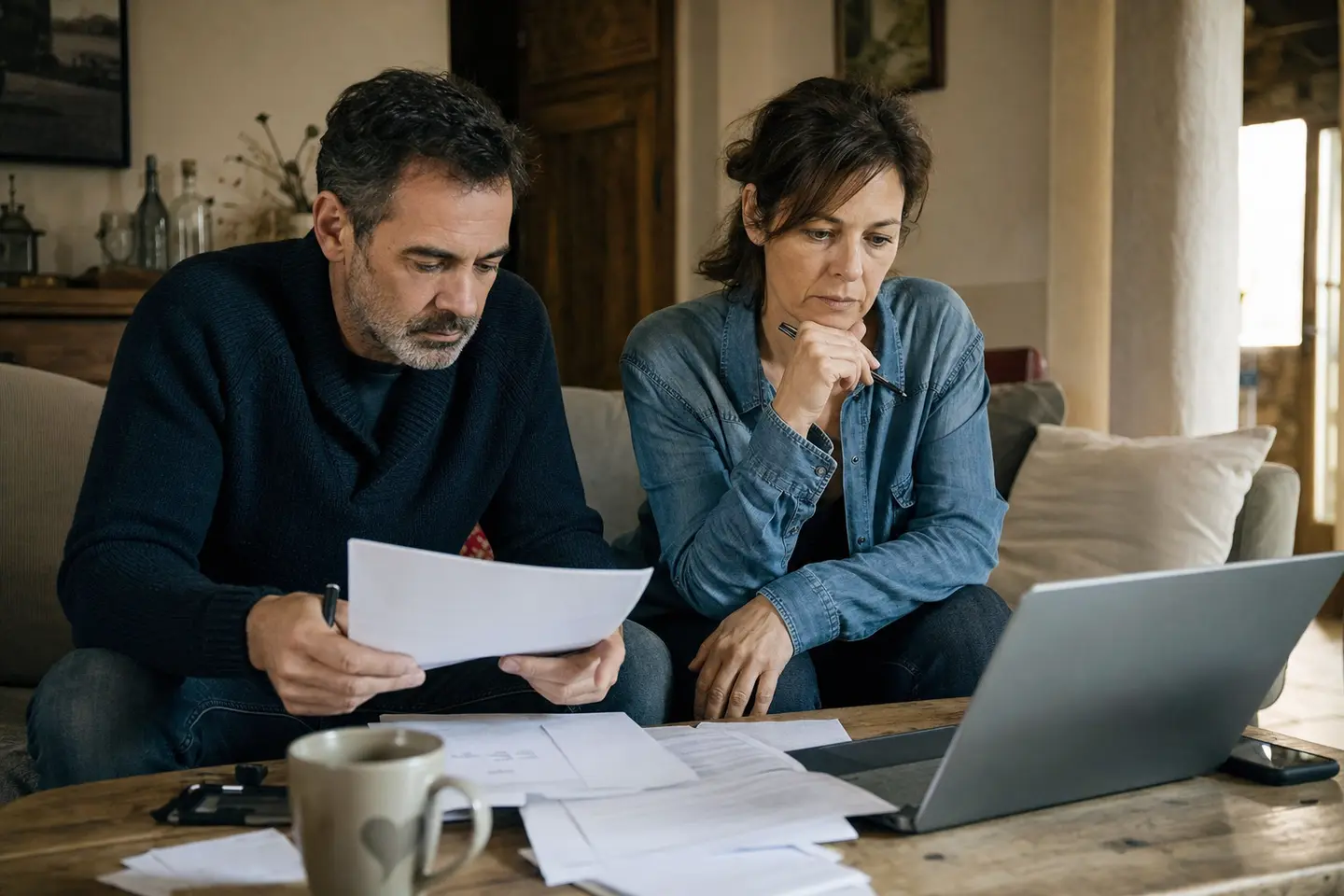 Un couple examine ses documents pour demander le déblocage anticipé de son PER après un accident de la vie