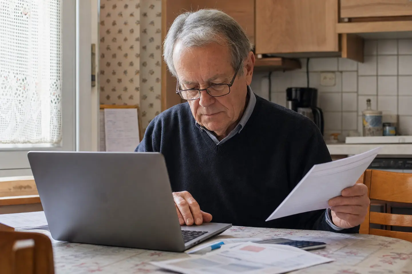 Un retraité remplit sa déclaration de revenus en ligne, son relevé d'assurance vie posé à côté de l'ordinateur