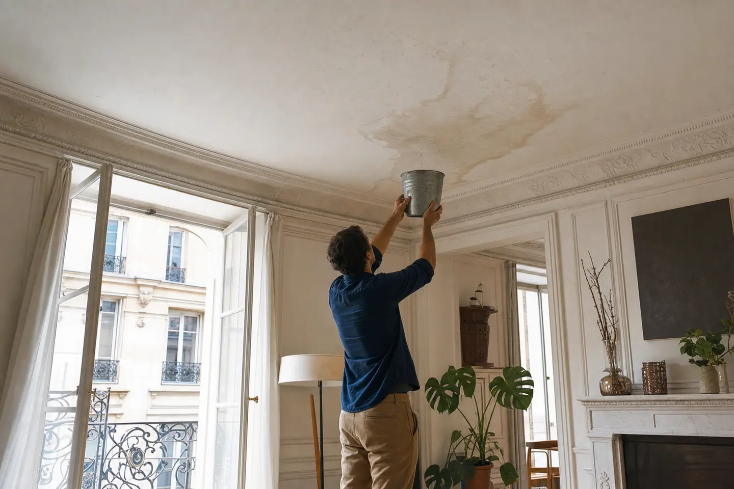 Occupant plaçant un seau sous une auréole d'humidité au plafond d'un appartement après un dégât des eaux