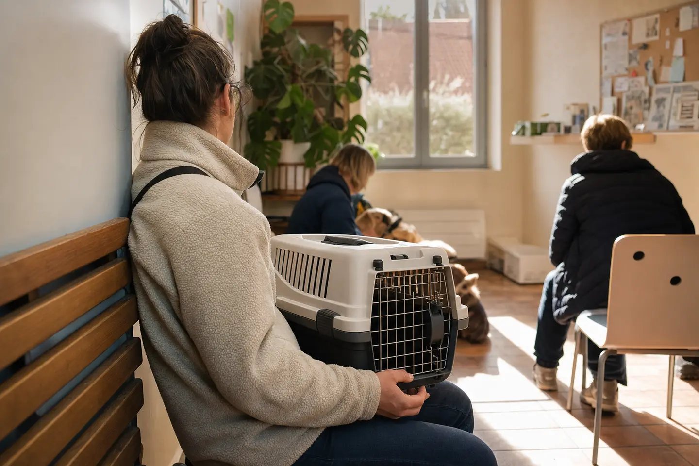 Salle d'attente d'un dispensaire vétérinaire associatif, une personne patiente avec son chat en caisse de transport