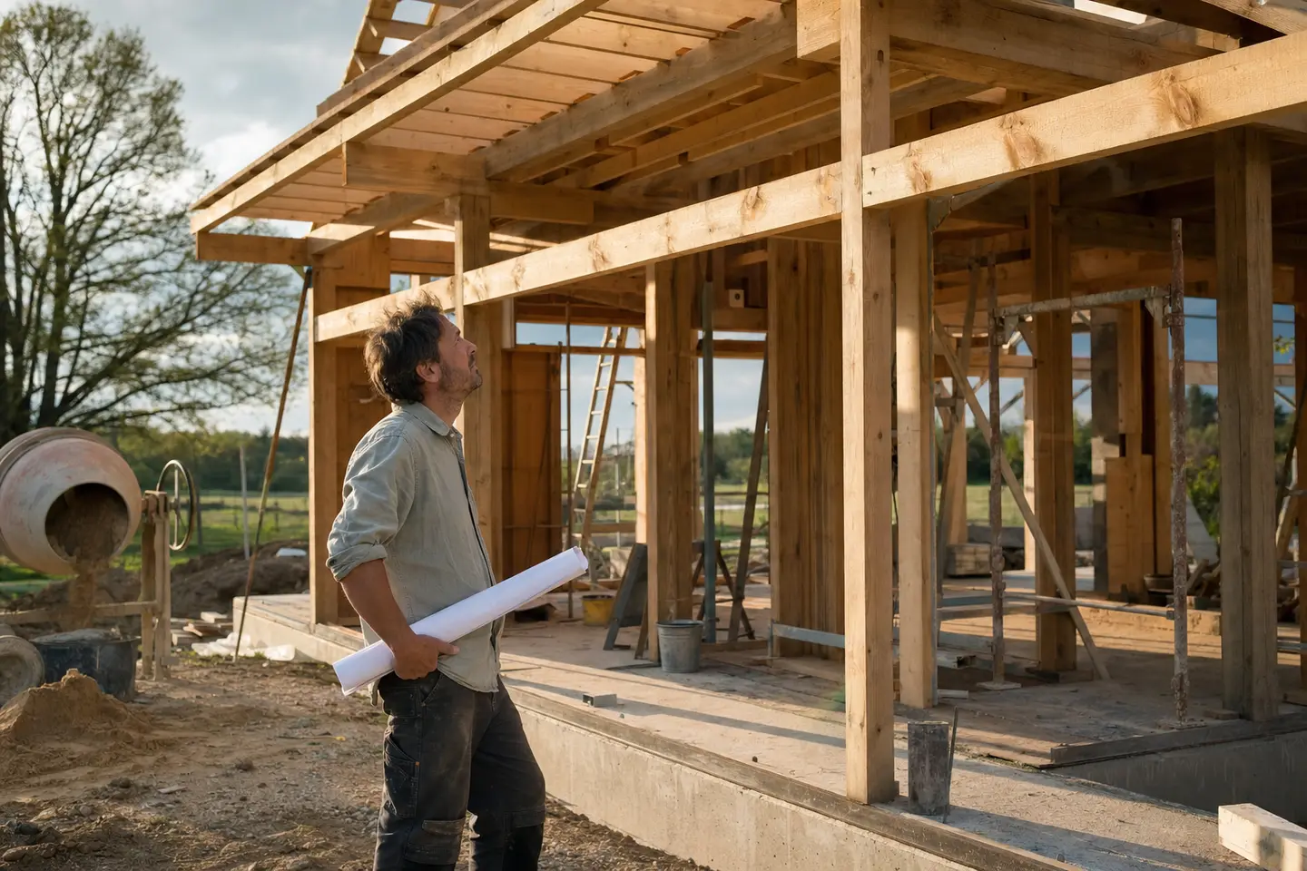 Autoconstructeur examinant la charpente de sa maison en cours de construction sur un chantier rural en France