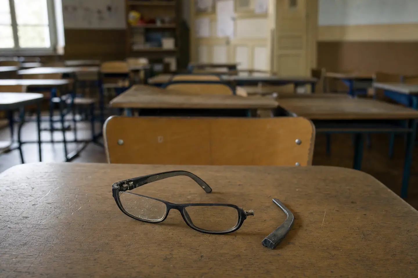 Une paire de lunettes d'enfant cassée posée sur un pupitre d'école