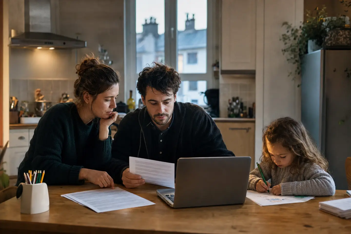 Deux parents comparent leurs contrats de mutuelle à la table de la cuisine, leur enfant dessinant à côté d'eux