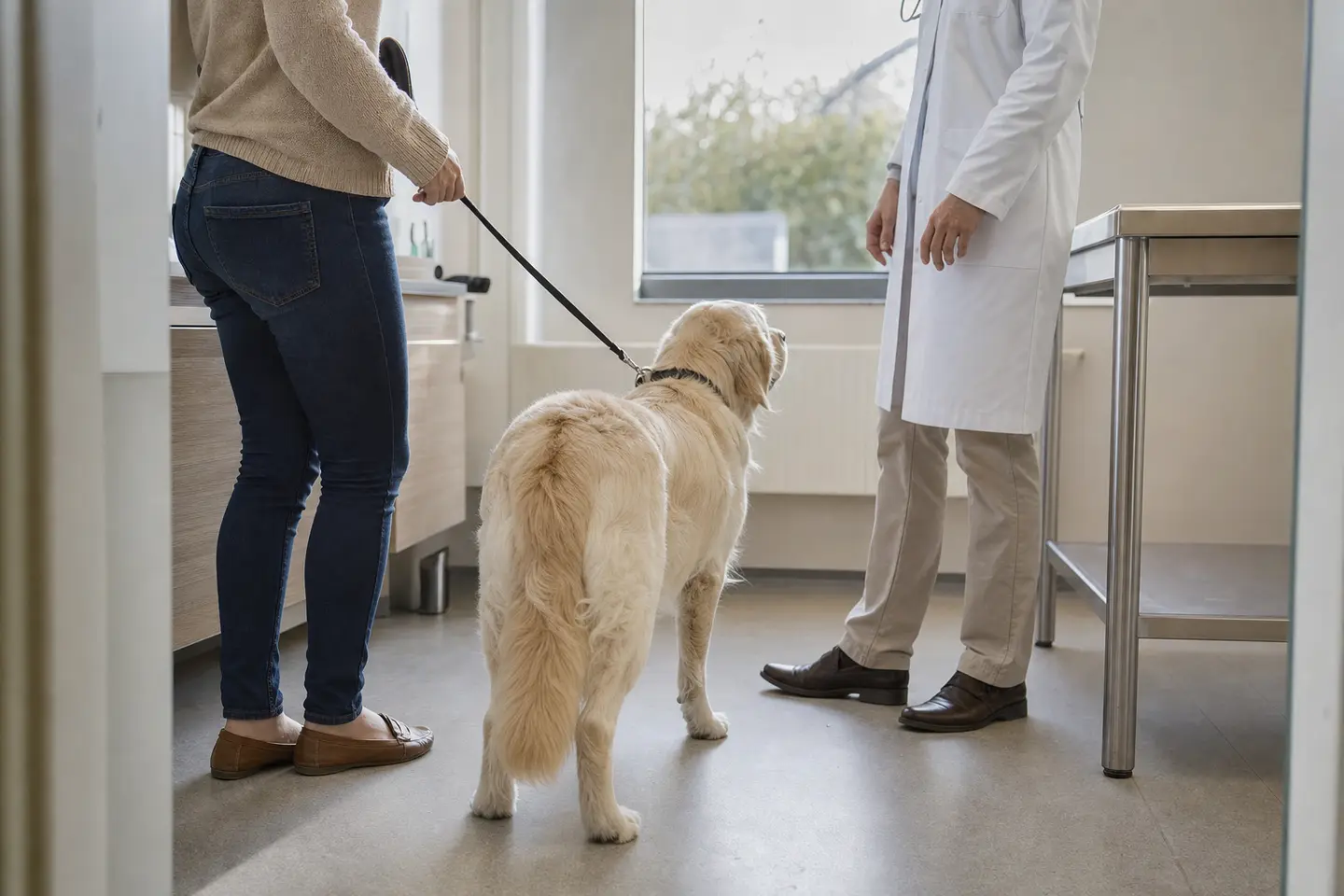 Un vétérinaire observe le comportement d’un chien tenu en laisse par son maître en clinique
