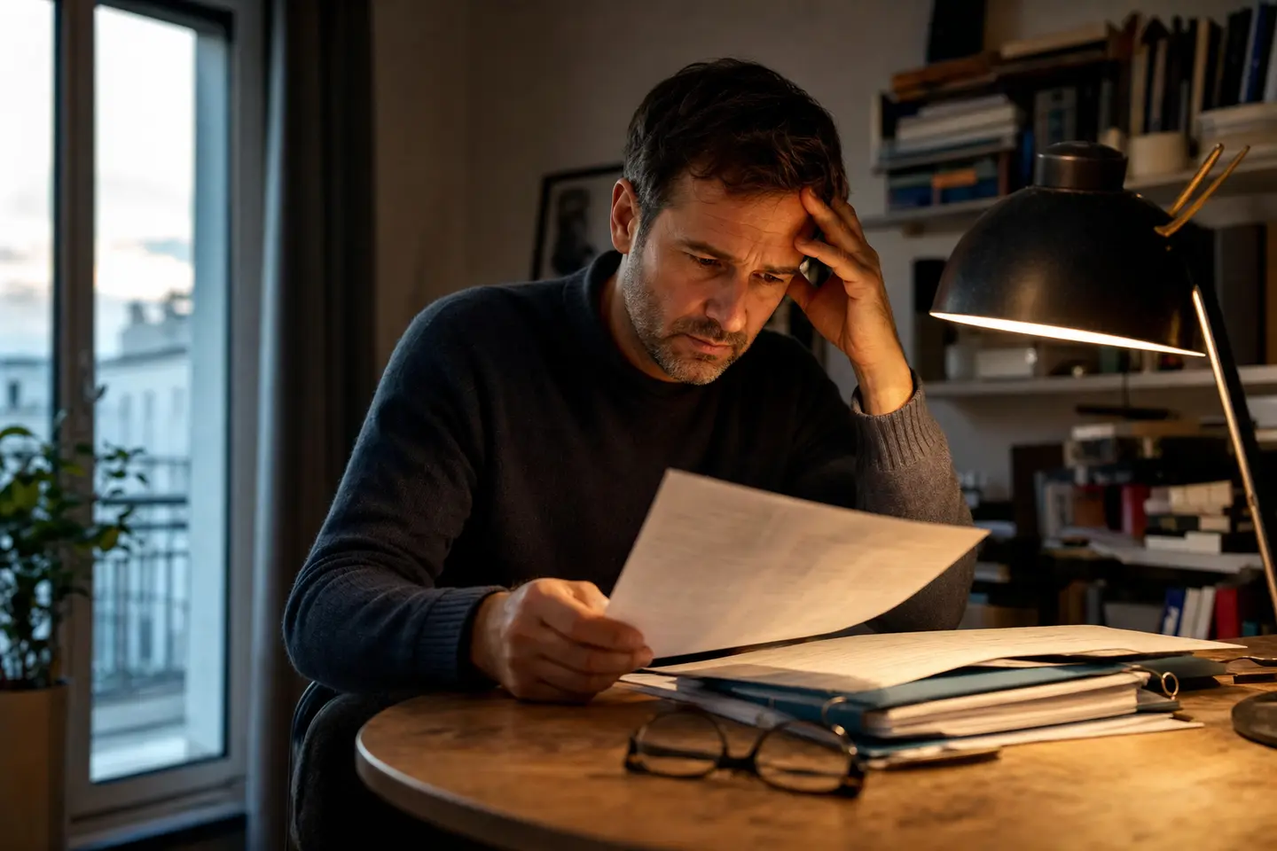 Un emprunteur relit avec inquiétude un courrier de son assureur concernant une clause de son contrat d'assurance de prêt immobilier