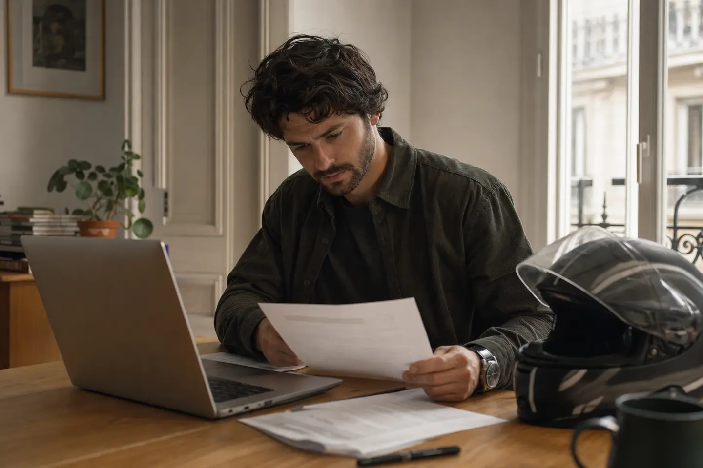 Motard consultant son dossier d'assurance à sa table de cuisine, casque posé à côté d'un ordinateur portable