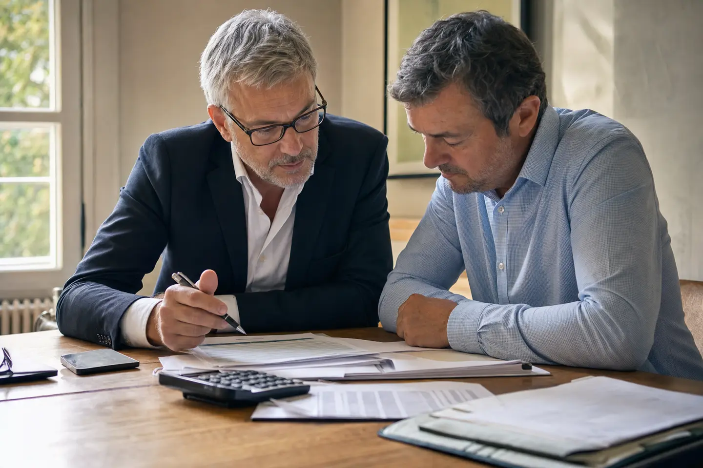 Dirigeant d'entreprise et expert-comptable analysant le traitement fiscal d'un contrat d'assurance homme clé
