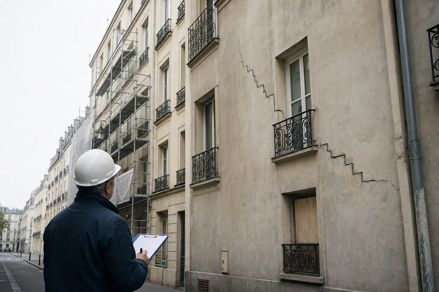 Fissure en escalier sur la façade d’un immeuble en copropriété, examinée depuis la rue par un expert