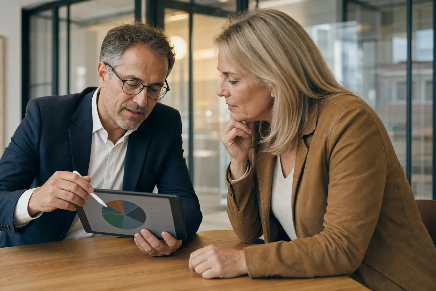 Un conseiller présente à un client la répartition d'un fonds euros dynamique sur une tablette, dans un bureau lumineux