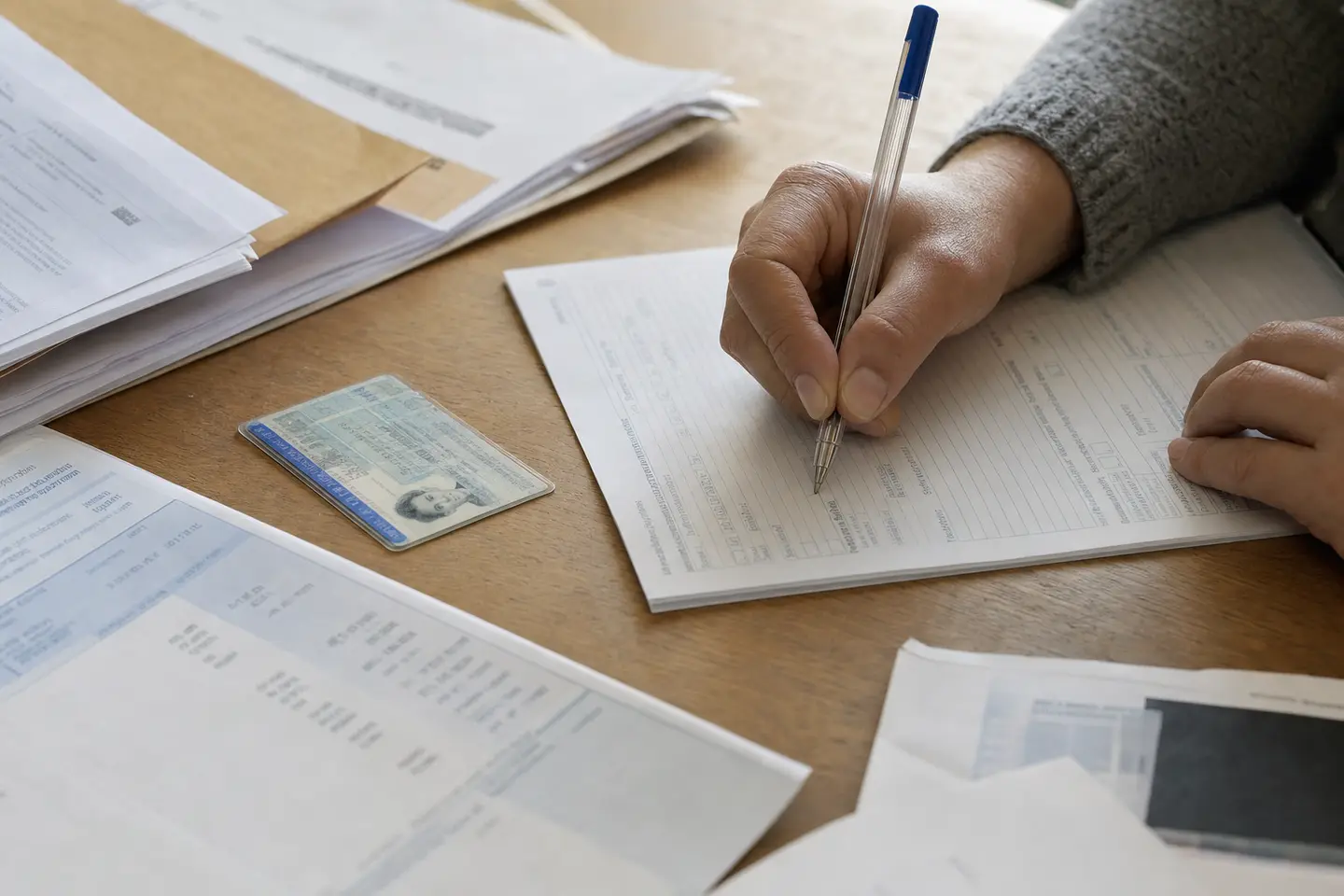 Des mains remplissent un formulaire administratif officiel, une carte d'identité et un avis d'imposition posés à côté