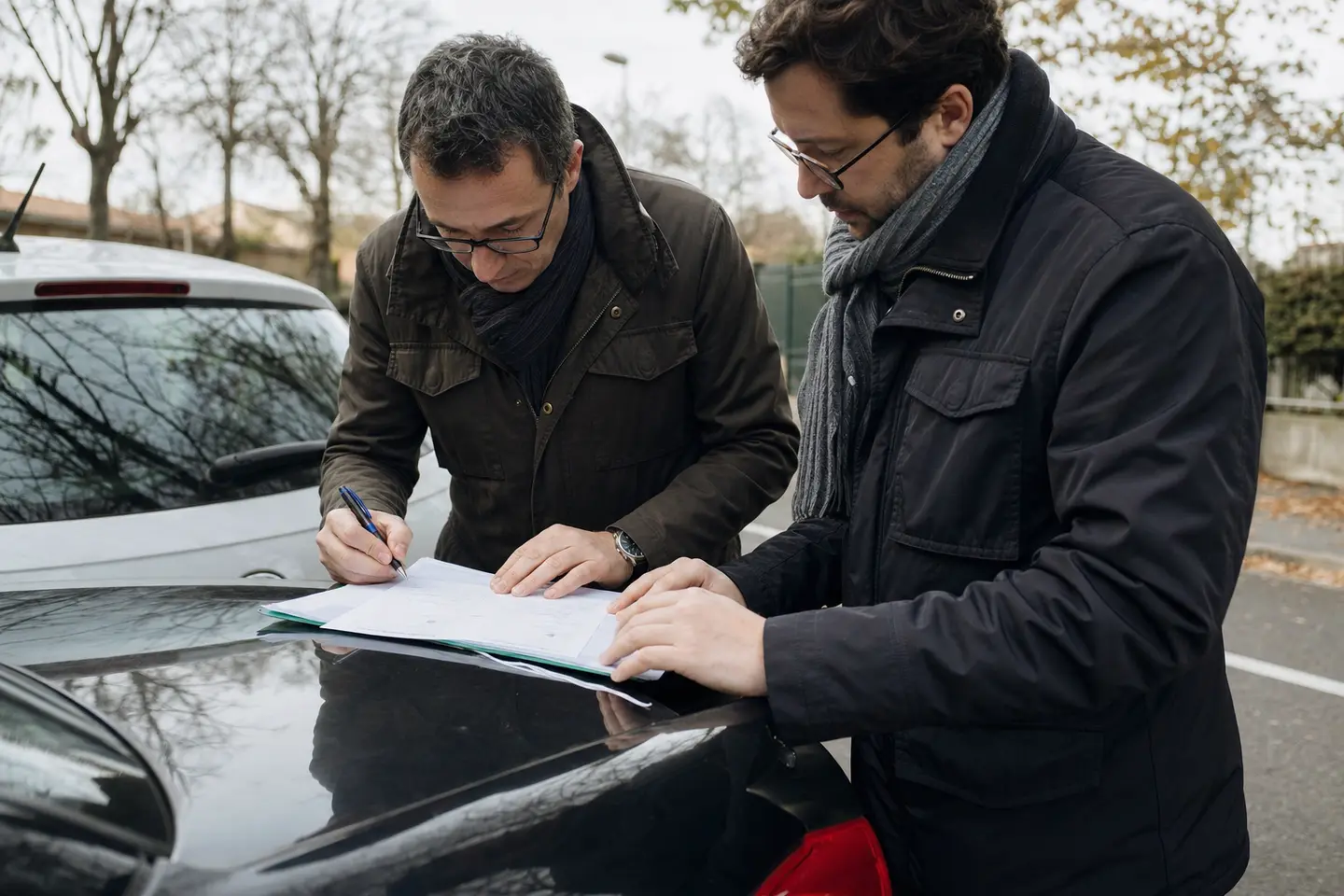 Deux conducteurs remplissent un constat amiable après un accrochage, étape décisive pour ne pas payer de franchise en accident non responsable