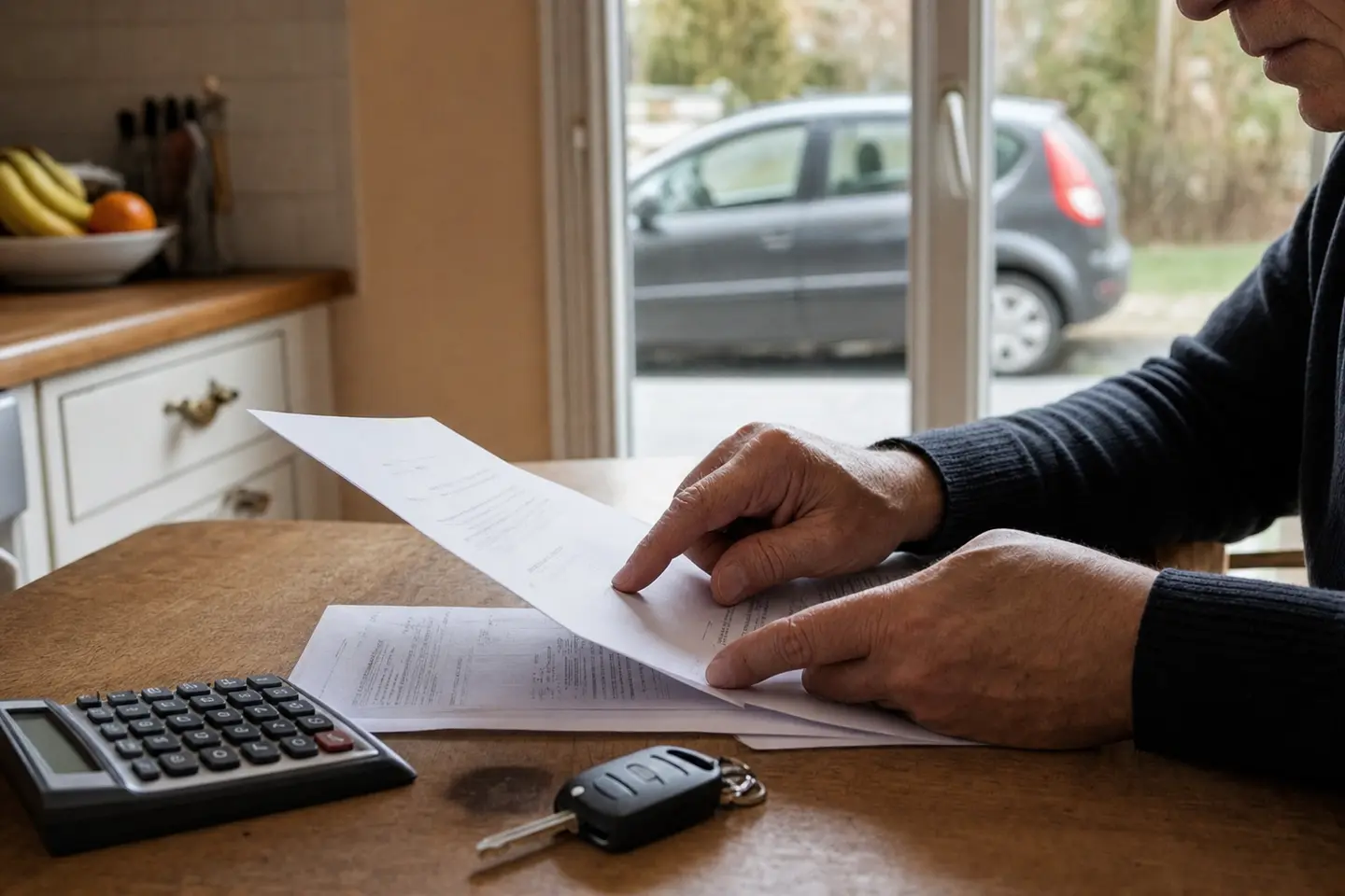 Assuré calculant le montant de sa franchise d'assurance auto sur les conditions particulières de son contrat