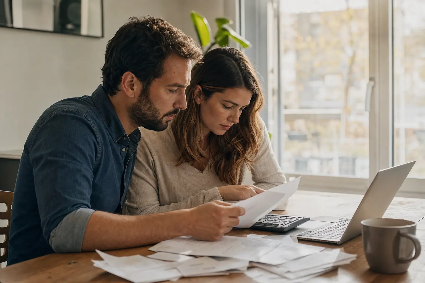 Un couple examine des documents d'assurance de prêt avec une calculatrice sur un bureau clair.