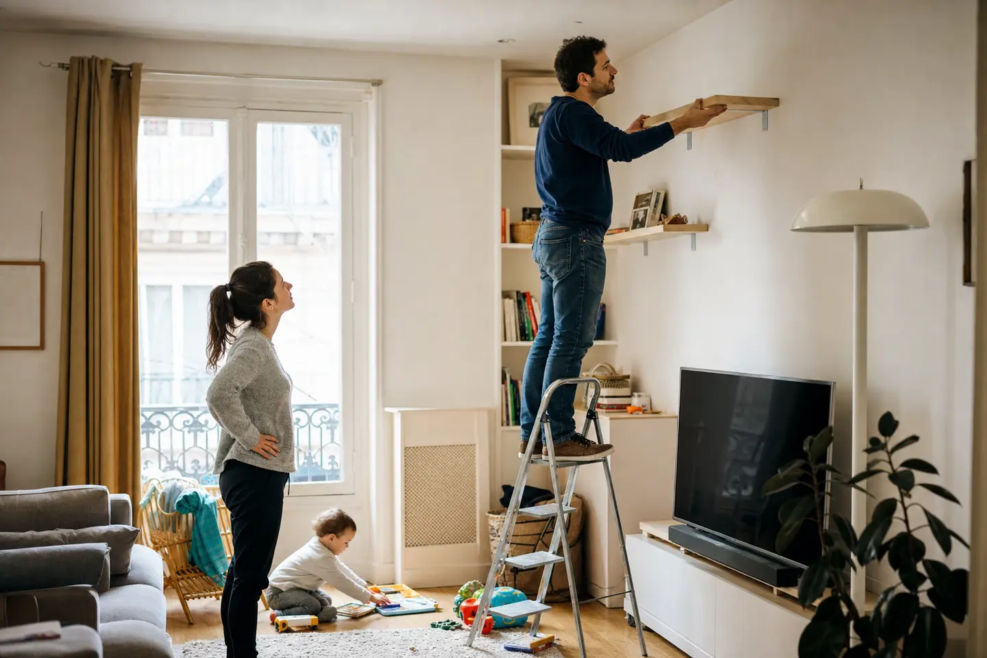 Père de famille bricolant sur un escabeau dans le salon, exemple typique d'accident domestique couvert par la garantie accidents de la vie