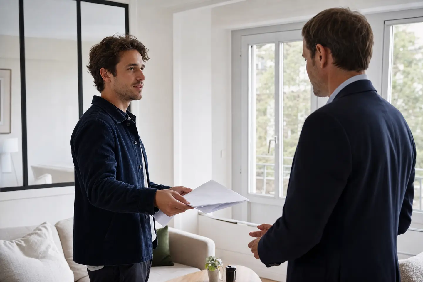 Un candidat locataire en CDD remet ses justificatifs de revenus au propriétaire lors de la visite d'un appartement