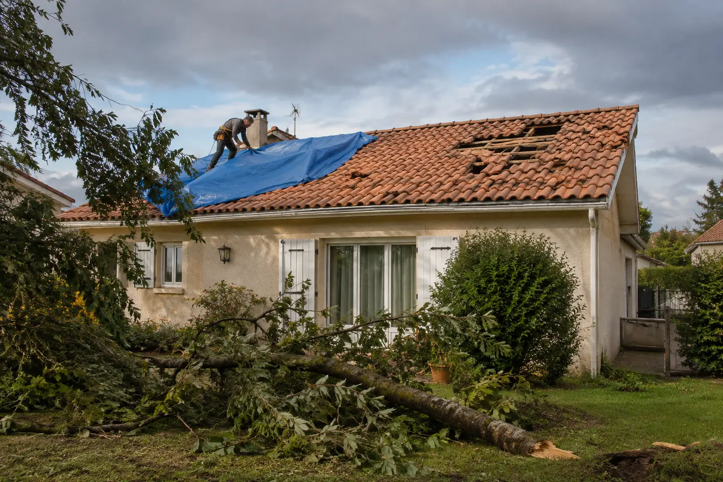 Un couvreur bâche la toiture d'une maison endommagée par une tempête, une branche tombée sur la pelouse