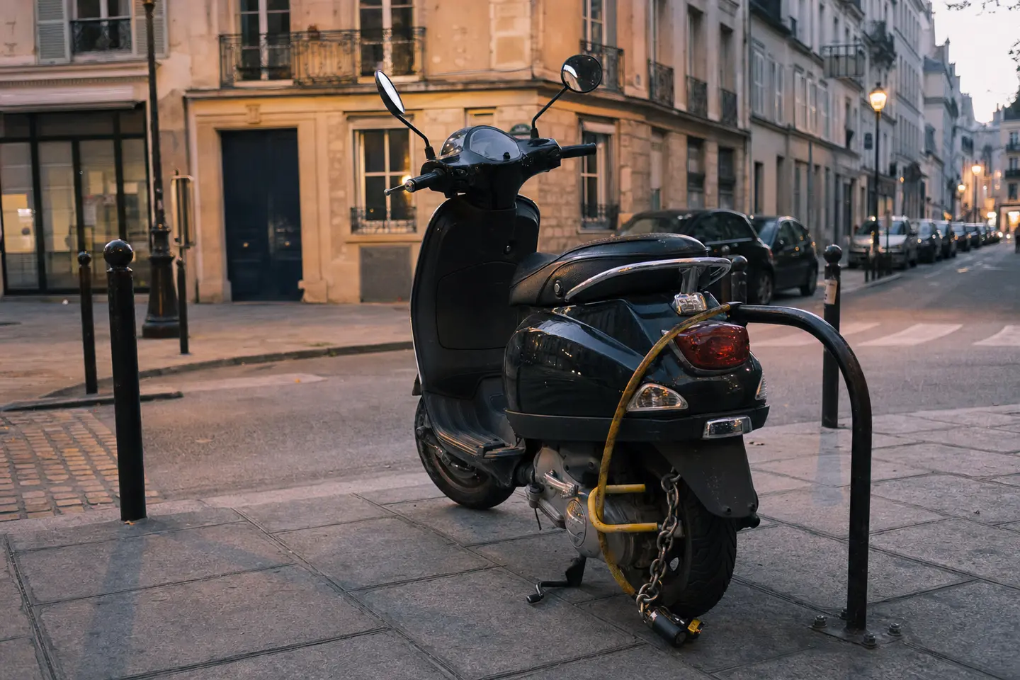 Scooter attaché à un arceau de stationnement avec un antivol U homologué dans une rue française