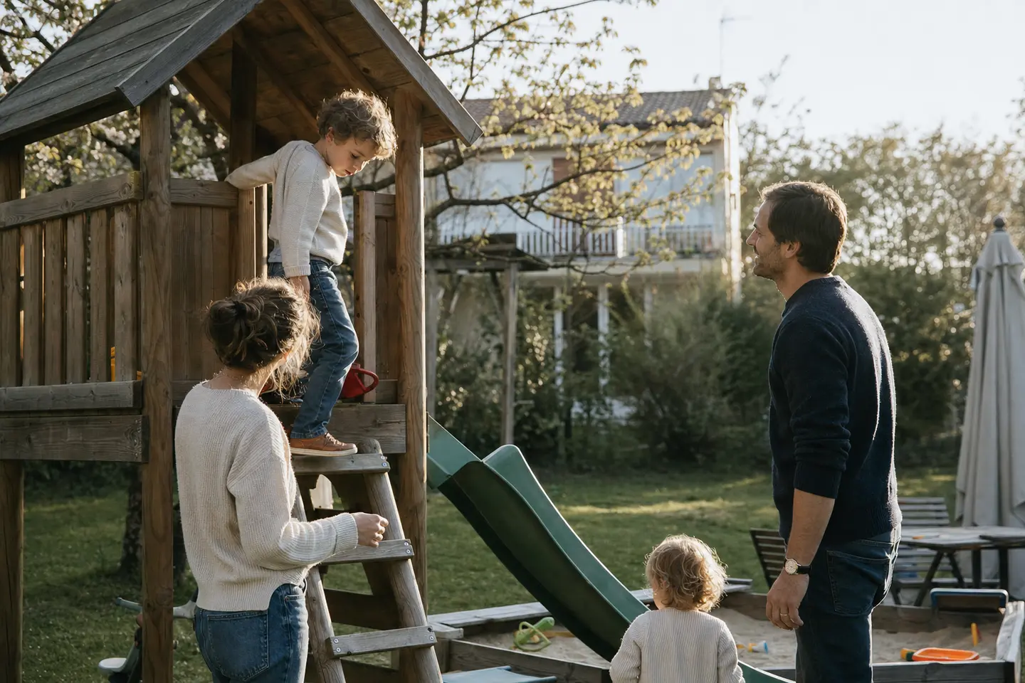 Enfants jouant dans le jardin familial sous la surveillance de leurs parents, illustration de la protection au quotidien offerte par une GAV famille