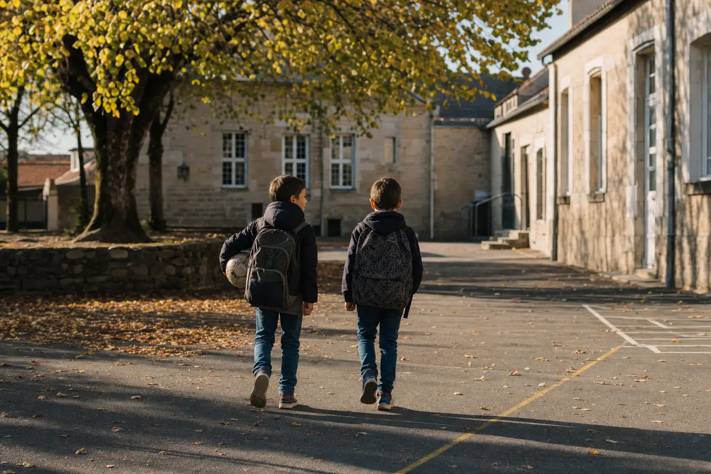 Deux écoliers avec cartables traversant une cour d'école, illustrant le choix entre GAV et assurance scolaire pour couvrir un enfant