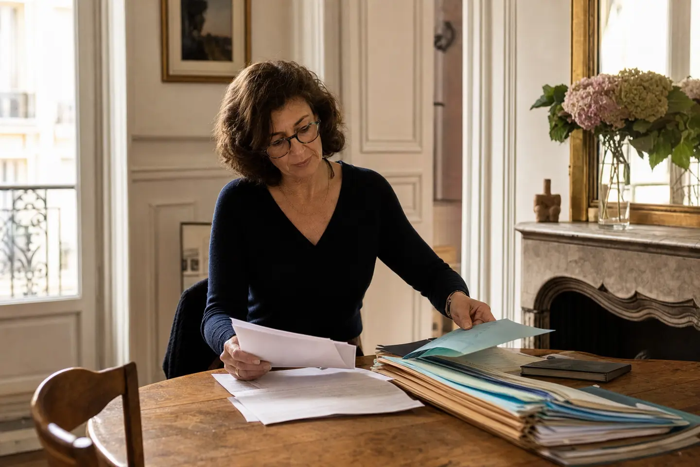Une propriétaire bailleuse vérifie les quittances de loyer de son locataire avant de souscrire une garantie loyers impayés en cours de bail