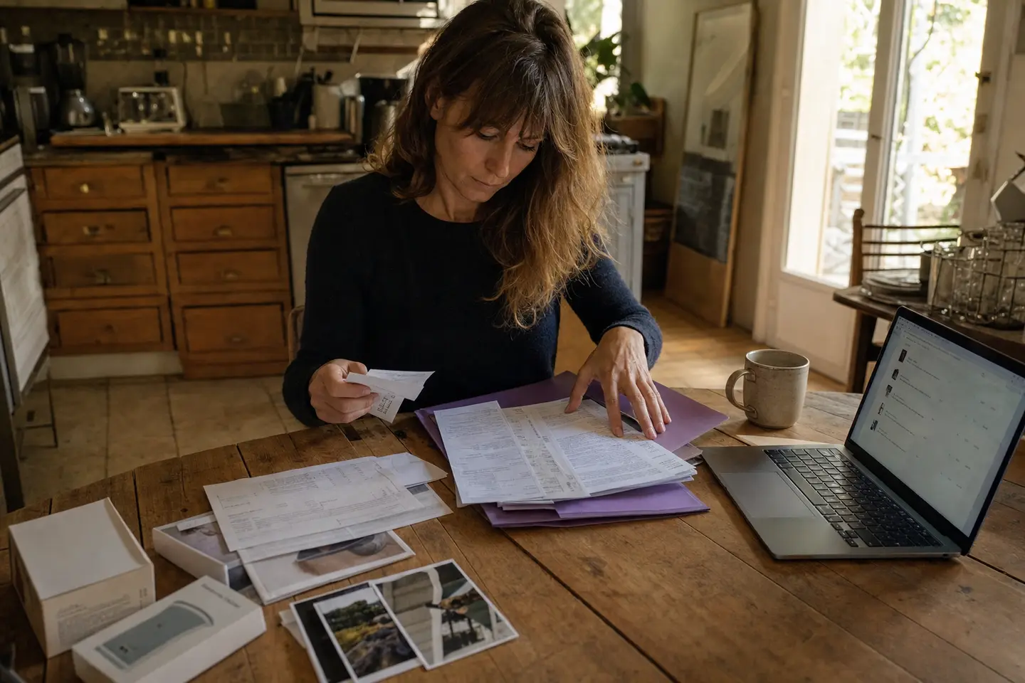 Assuré rassemblant relevés bancaires, photos et emballages pour prouver la valeur des biens volés lors d'un cambriolage