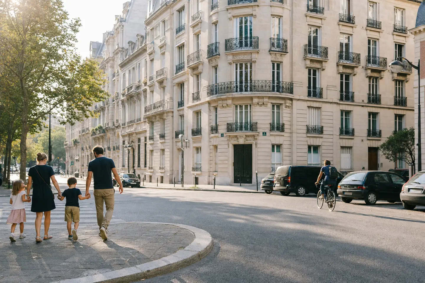Une rue française animée au petit matin : habitants, vélos, voitures et immeubles — tout ce que l’assurance protège au quotidien