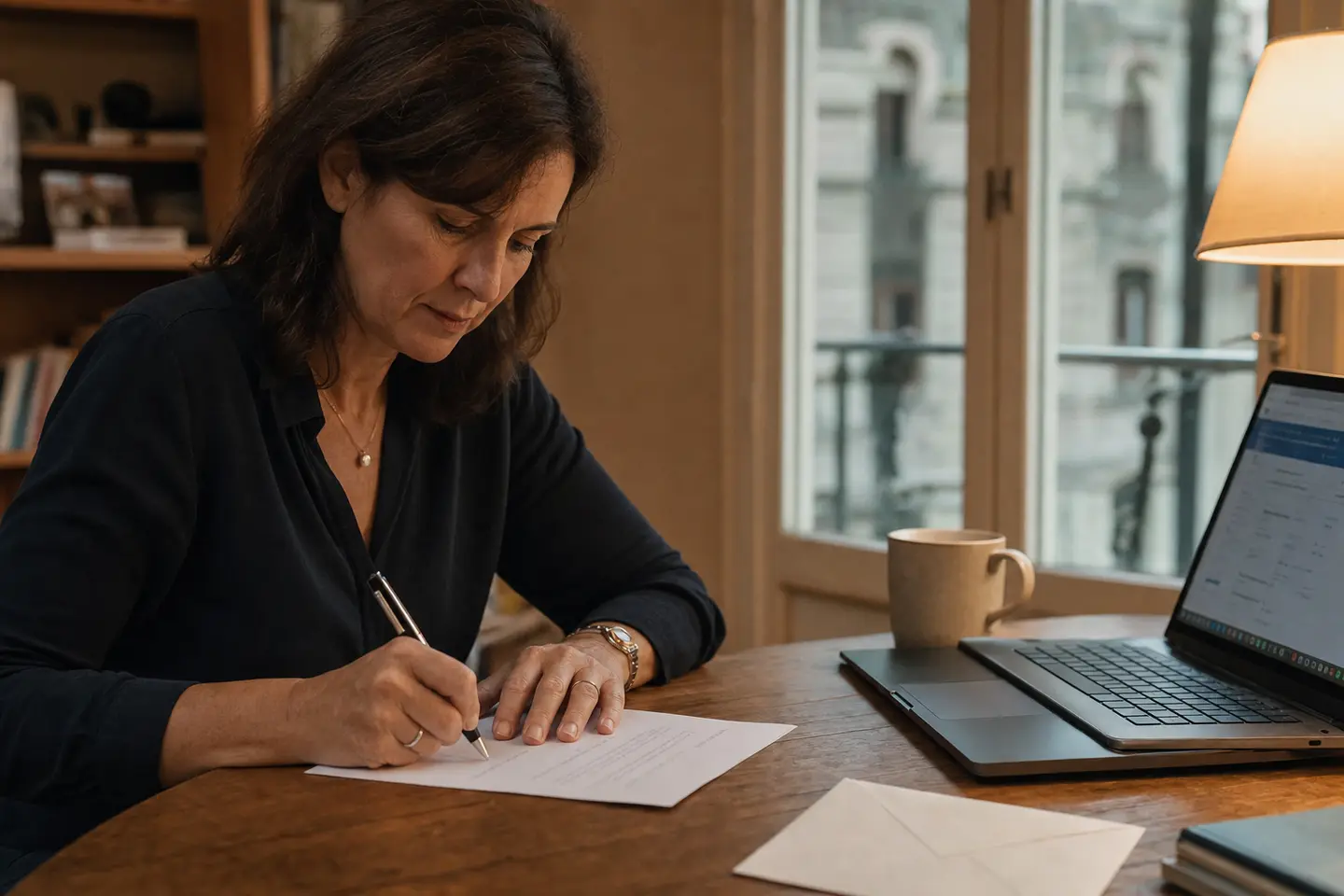 Rédaction d'une lettre de résiliation d'assurance habitation sur un bureau, enveloppe et ordinateur portable à côté