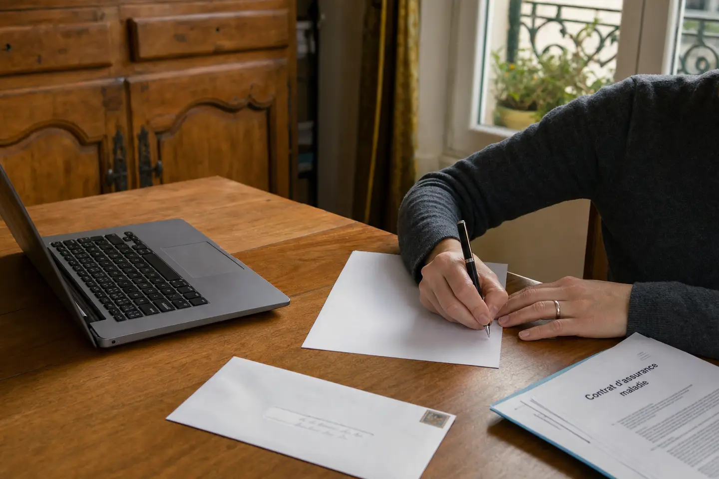 Assuré rédigeant une lettre de résiliation de mutuelle à son bureau, contrat de complémentaire santé et enveloppe préparée à côté.