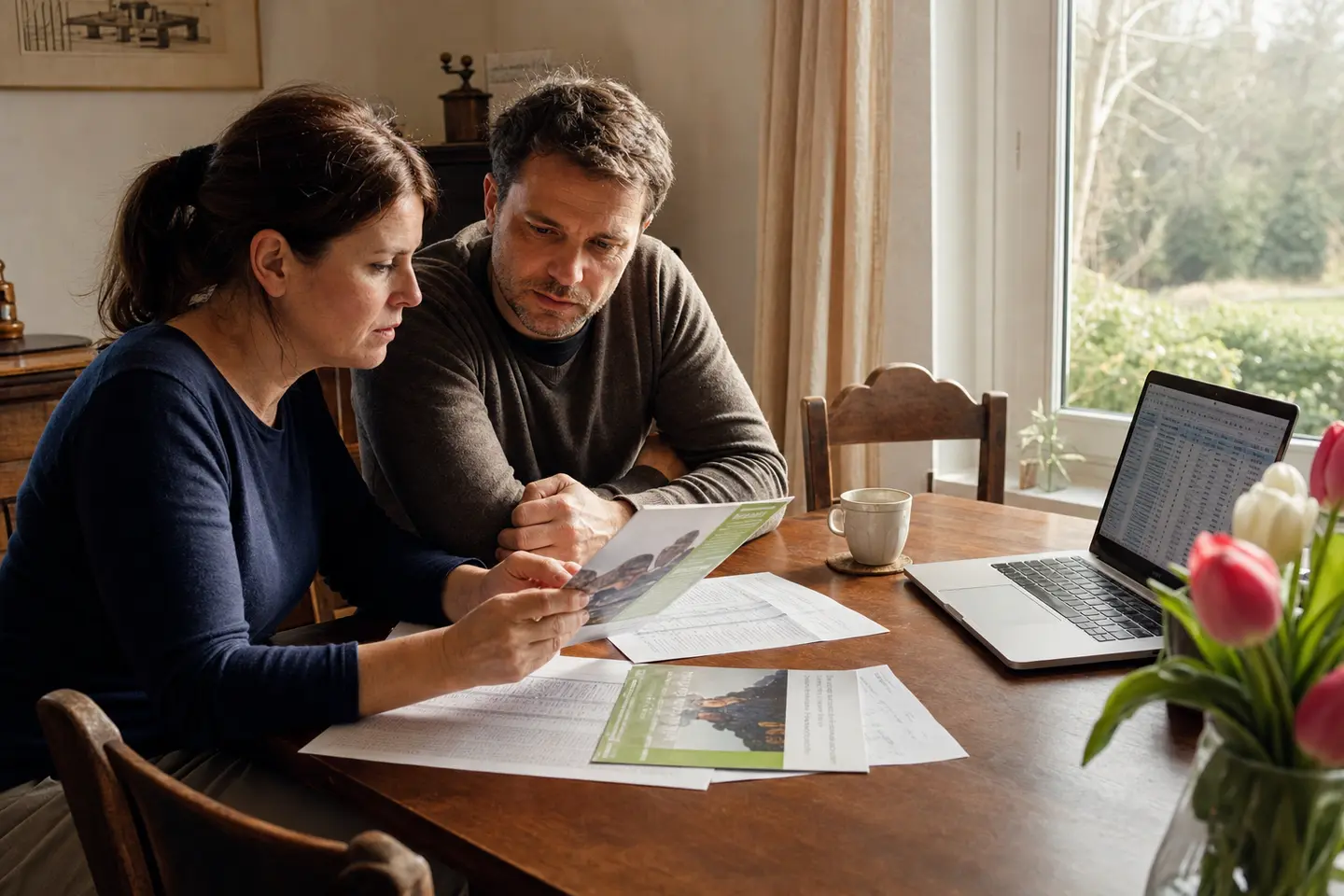 Un couple compare plusieurs contrats d'assurance vie et leurs taux de fonds euros à la table de la salle à manger