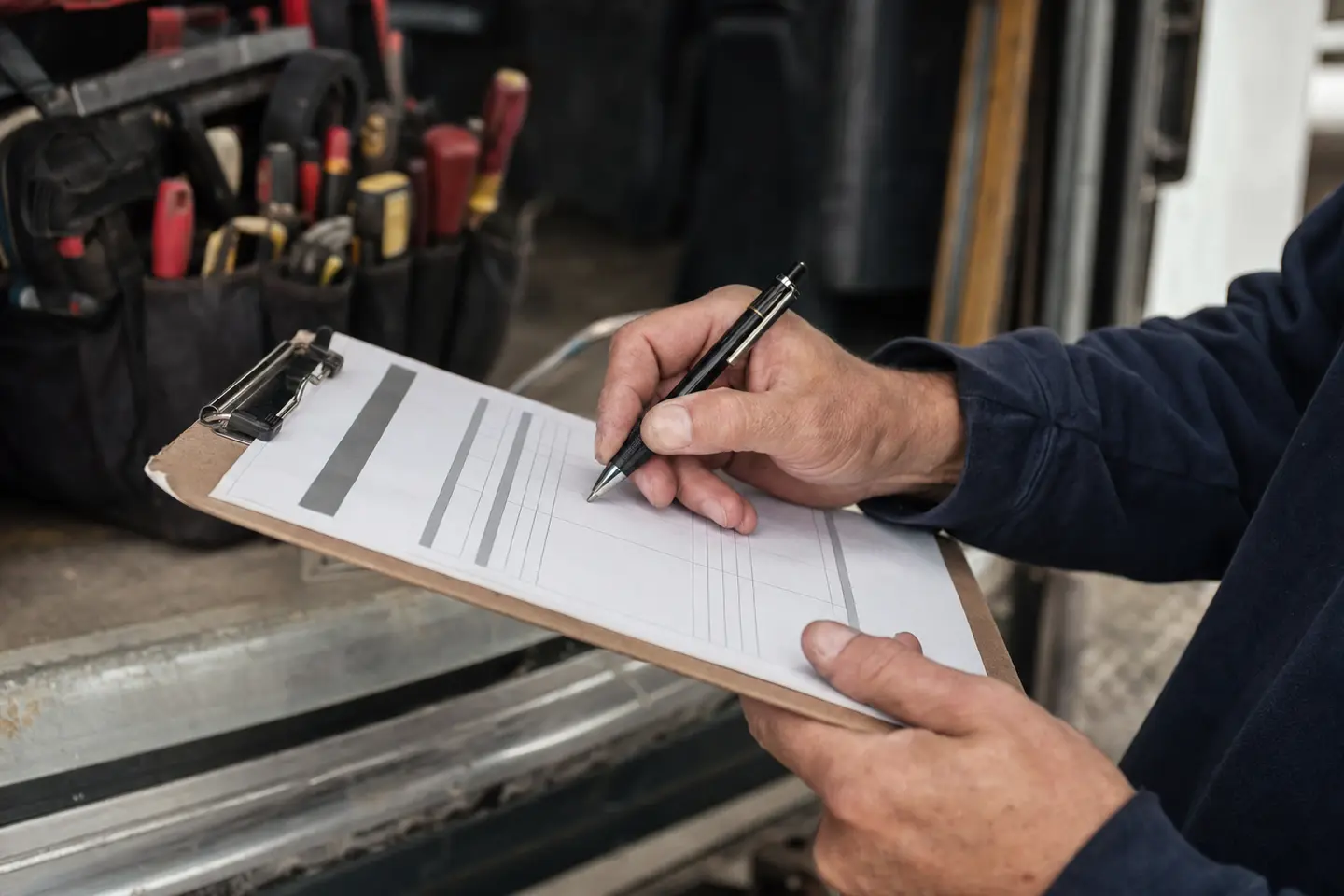 Artisan remplissant un devis de travaux mentionnant son assurance décennale sur un chantier