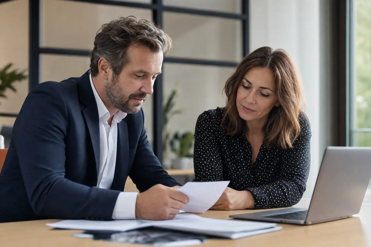 Employeur et responsable RH examinant le contrat de complémentaire santé collective avant sa mise en place dans l'entreprise