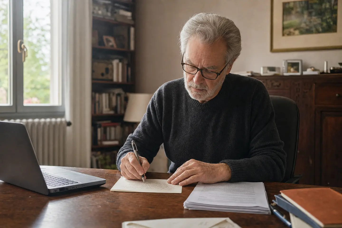 Souscripteur rédigeant un courrier pour modifier la clause bénéficiaire de son assurance vie