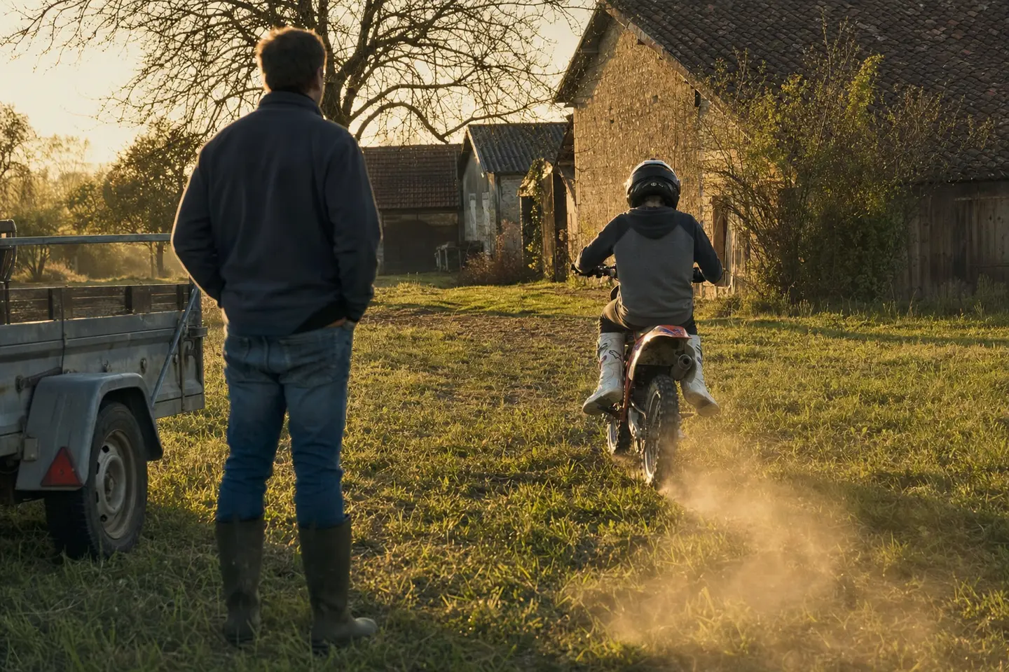 Jeune pilote de moto cross s’entraînant sur une prairie privée près d’une ferme française, remorque visible en arrière-plan