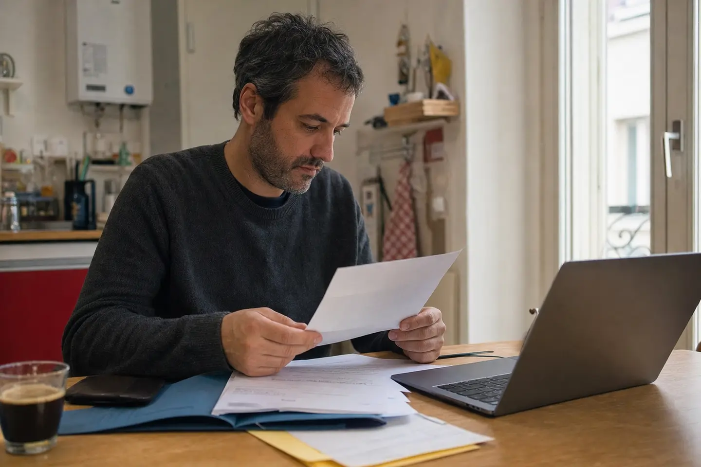 Un demandeur d'emploi compare les solutions de mutuelle depuis la table de sa cuisine, documents et ordinateur portable devant lui