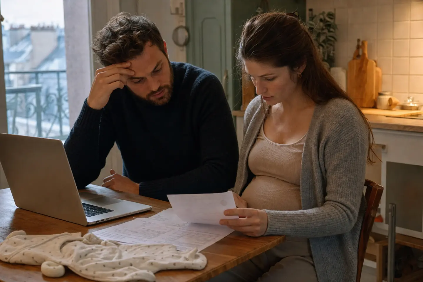 Un couple attendant un enfant compare les garanties maternité de sa mutuelle santé à la table de la cuisine