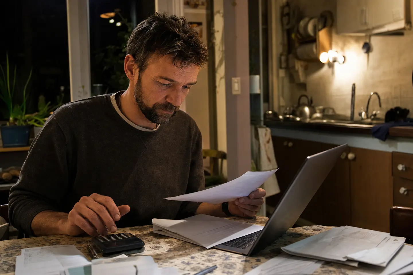 Un artisan indépendant compare des devis de mutuelle hospitalisation à sa table de cuisine, calculatrice en main