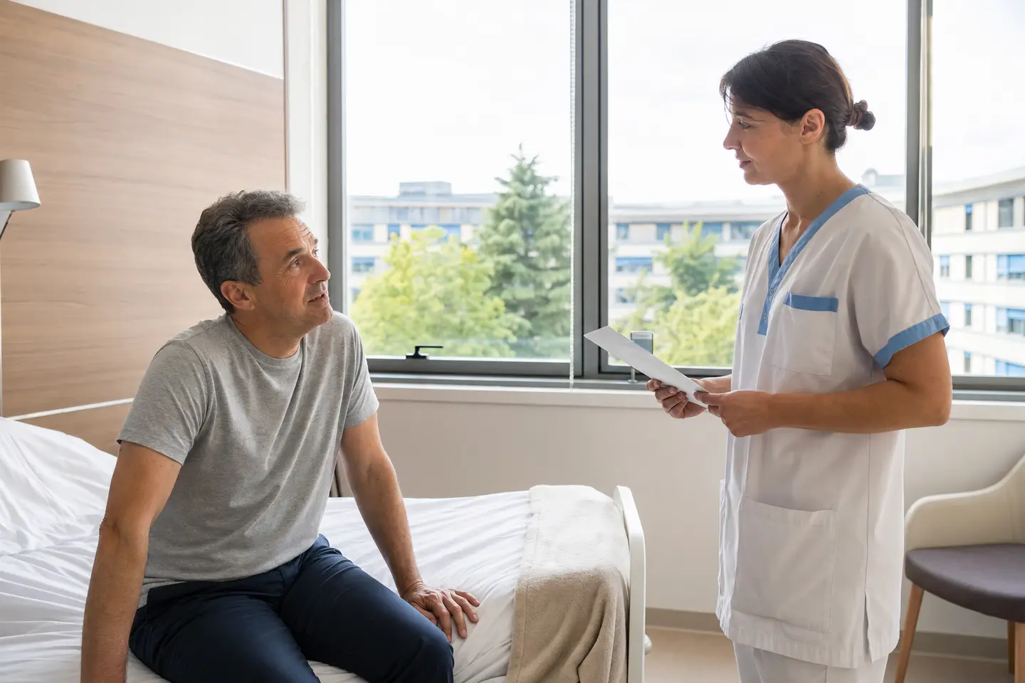 Un patient prépare son admission à l'hôpital avec une infirmière, dossier de préadmission et demande de chambre particulière en main.
