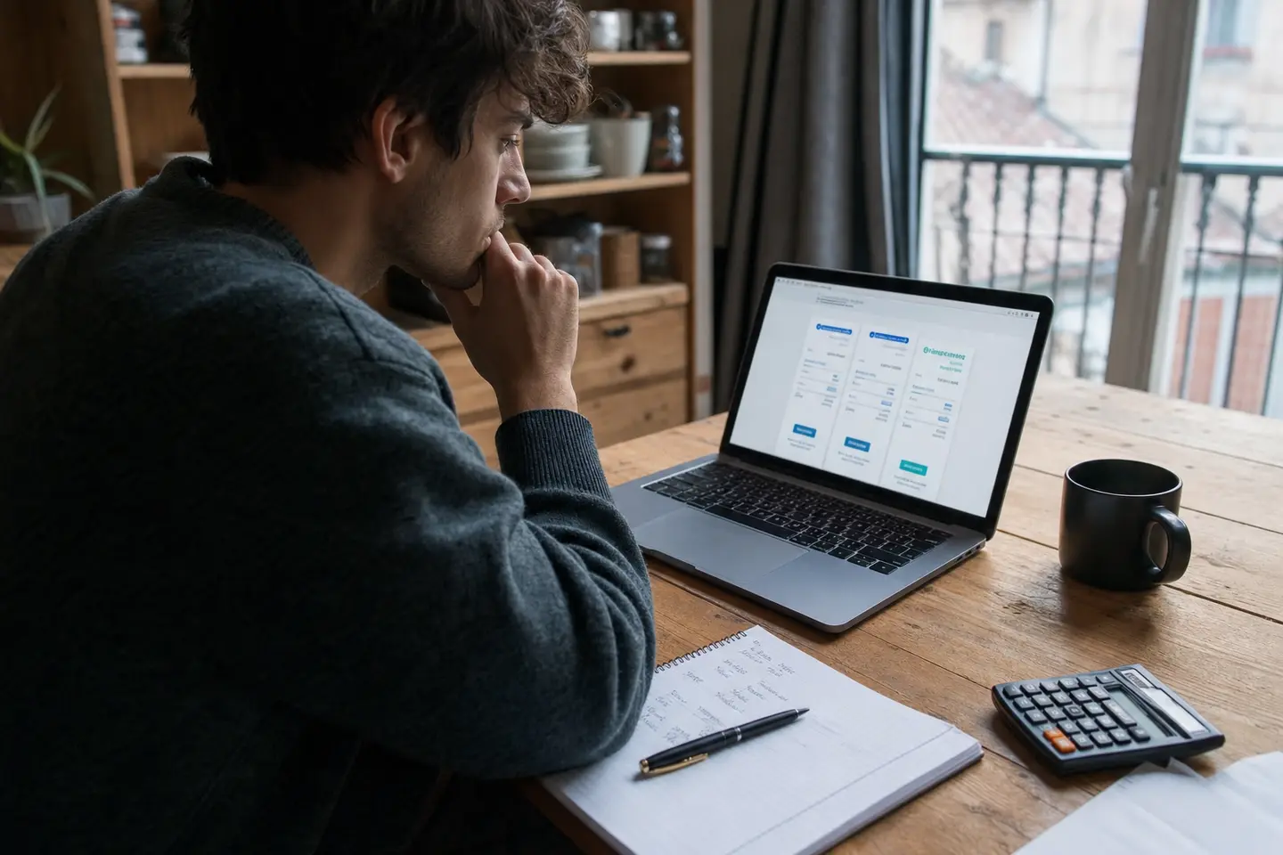 Un assuré compare plusieurs devis de mutuelle pas chère sur son ordinateur portable, calculatrice et budget manuscrit posés sur le bureau.