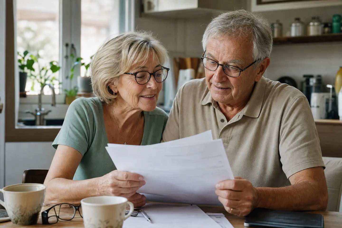 Couple de retraités comparant des devis de mutuelle senior à la table de leur cuisine