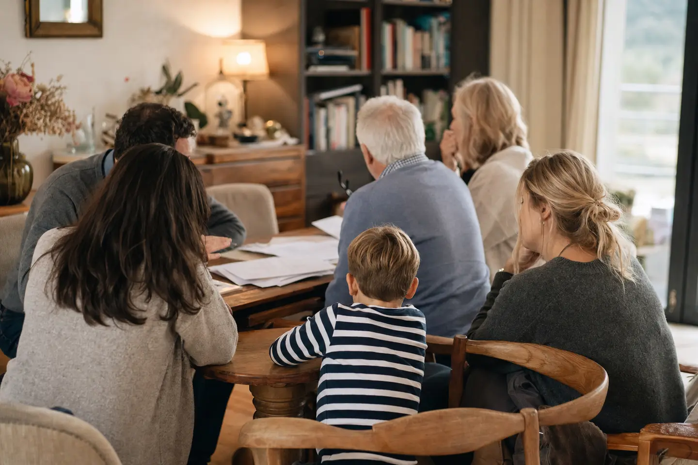 Une famille réunie autour d'une table examine la contribution demandée au titre de l'obligation alimentaire pour un parent en EHPAD
