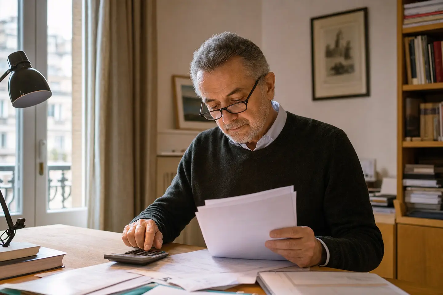 Un homme d'une soixantaine d'années étudie ses documents de retraite et sa fiscalité avant d'ouvrir un PER